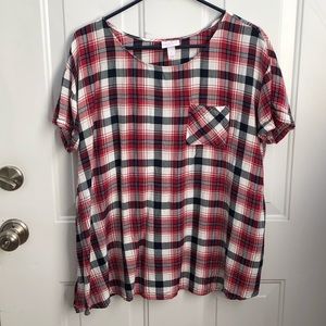 Red white & blue plaid maternity shirt